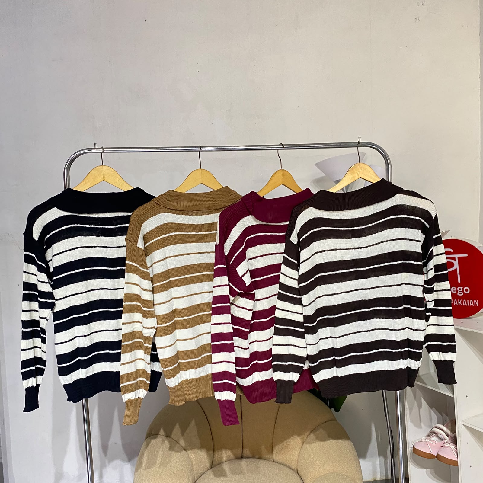 jaket wanita sweater knit zipper stipe