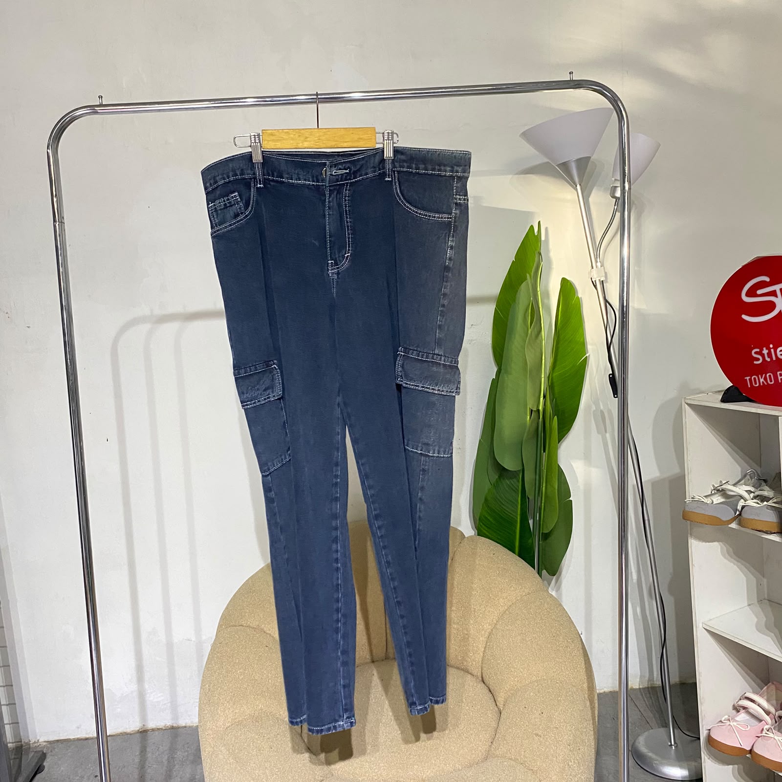 Celana wanita jeans cargo wanita snow blue dark