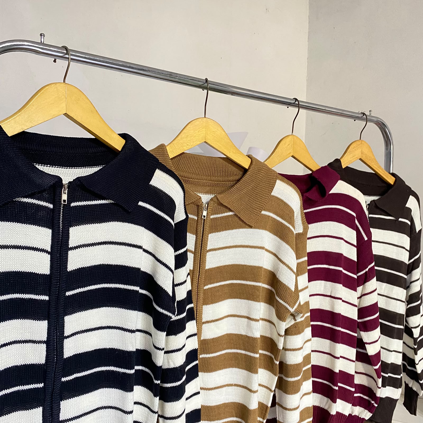 jaket wanita sweater knit zipper stipe