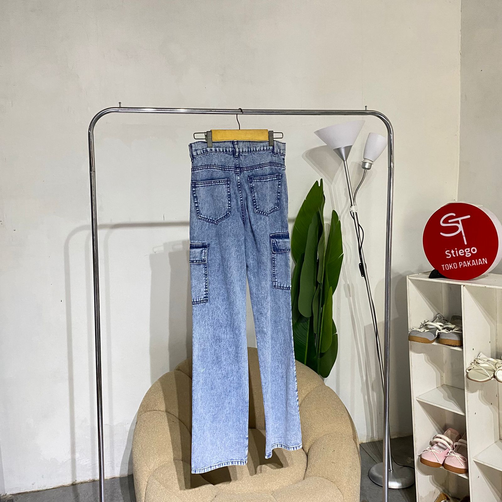 celana wanita jeans cargo osso blue