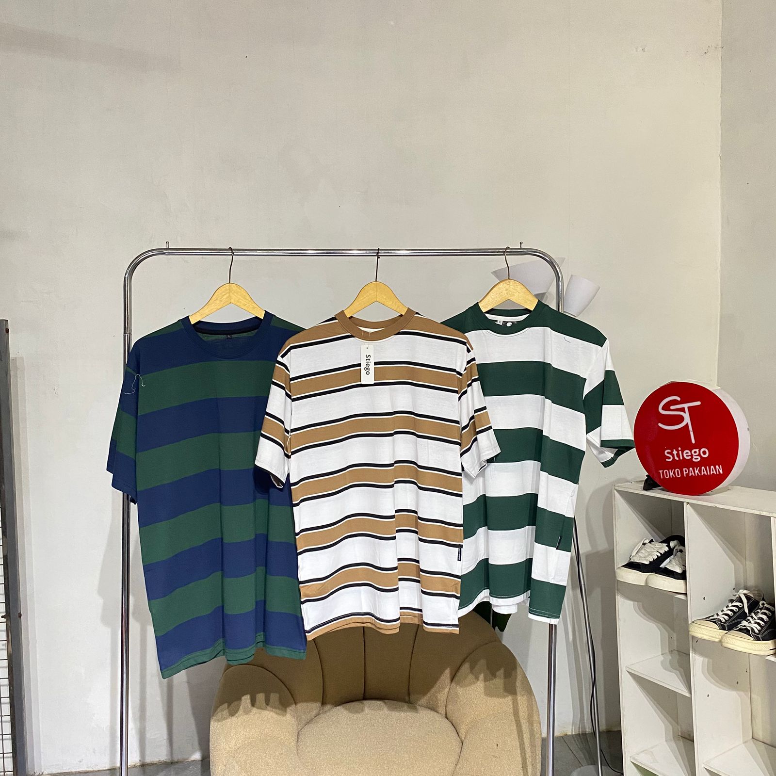 Stiego Kaos Salur Oversize Cotton Combed 24s Kaos Stripe pria