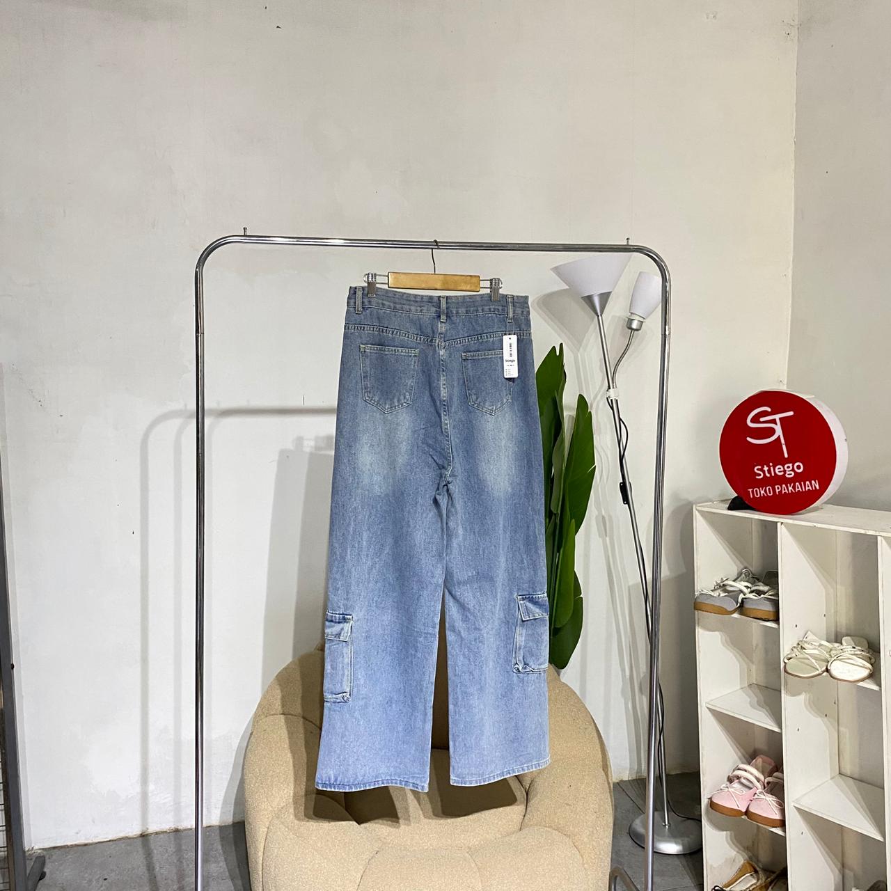 celana wanita jeans cargo blue 01