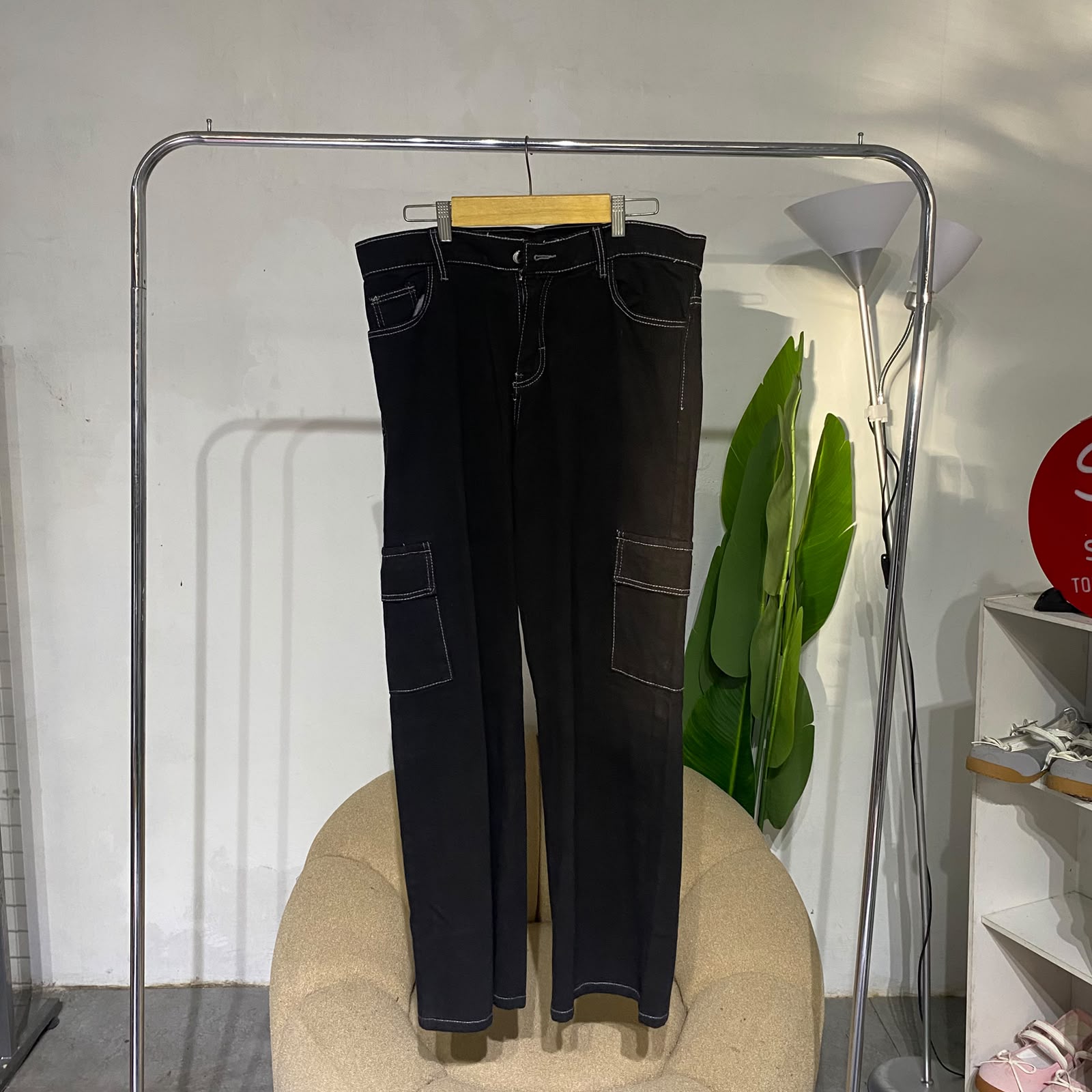 Celana wanita jeans cargo wanita Hitam list