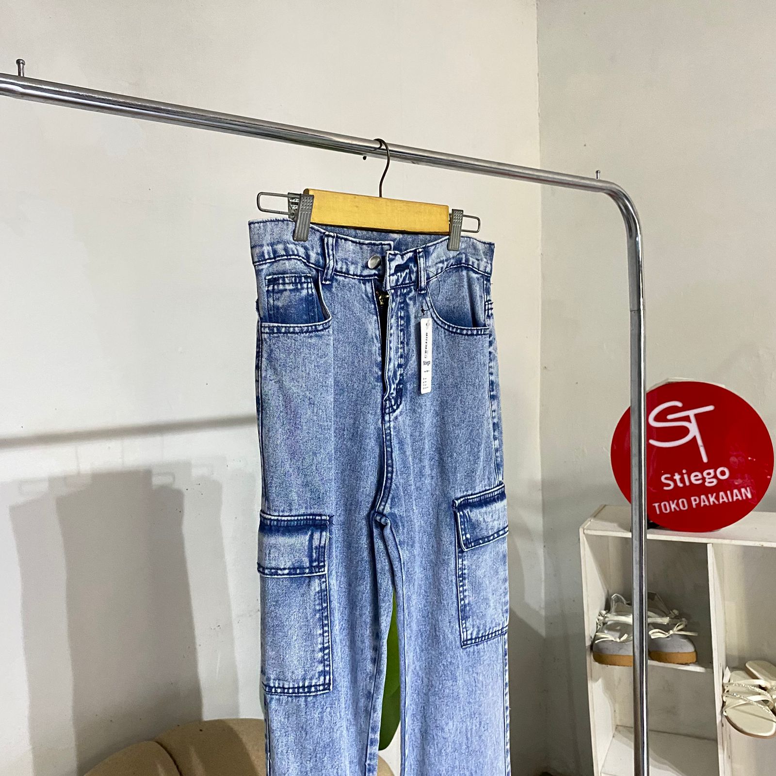 celana wanita jeans cargo osso blue