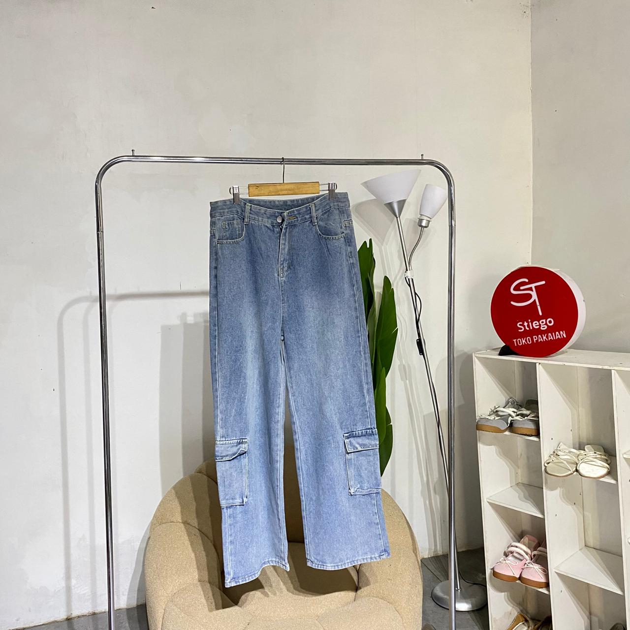 celana wanita jeans cargo blue 01